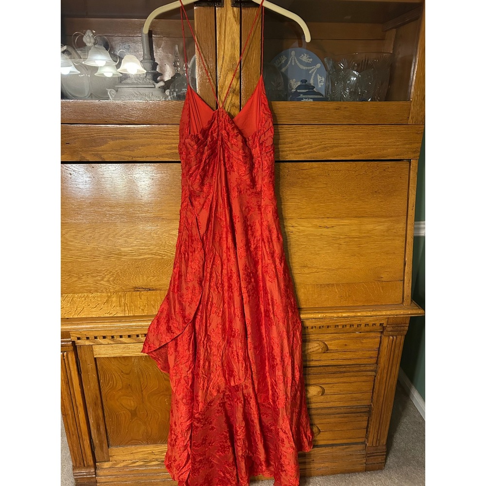 Boho Chic Free People Red Floral Jacquard High-Low Maxi Dress Cutout Festival 2 - Picture 4 of 16
